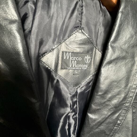 Vintage Long Black Leather Coat Women's Size L Double Breasted Patchwork Style - Picture 3 of 11